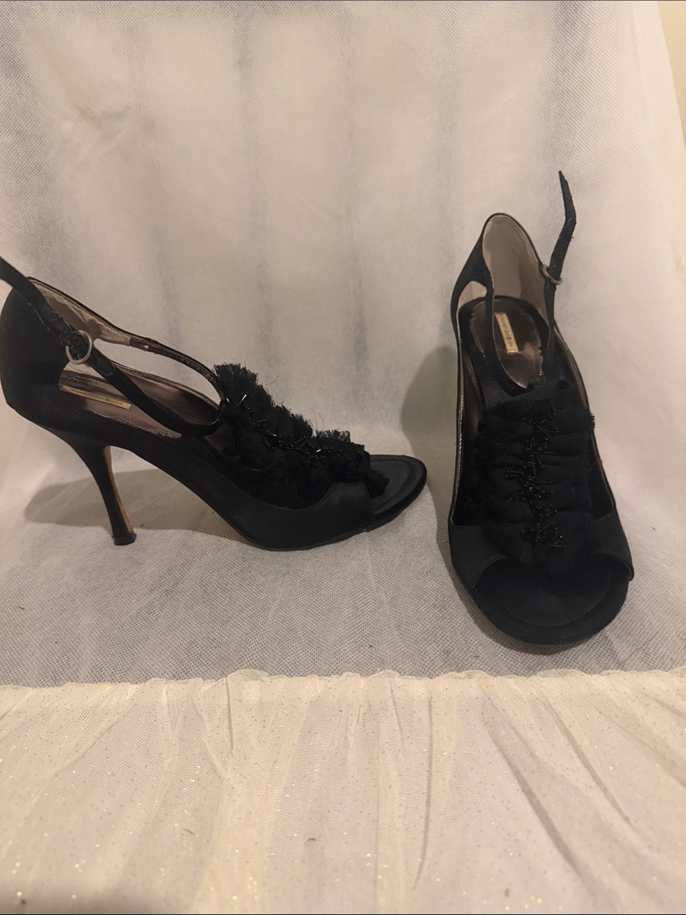 Max studio Black Open-Toe Slingback Heels with Floral Trim Size 7.5